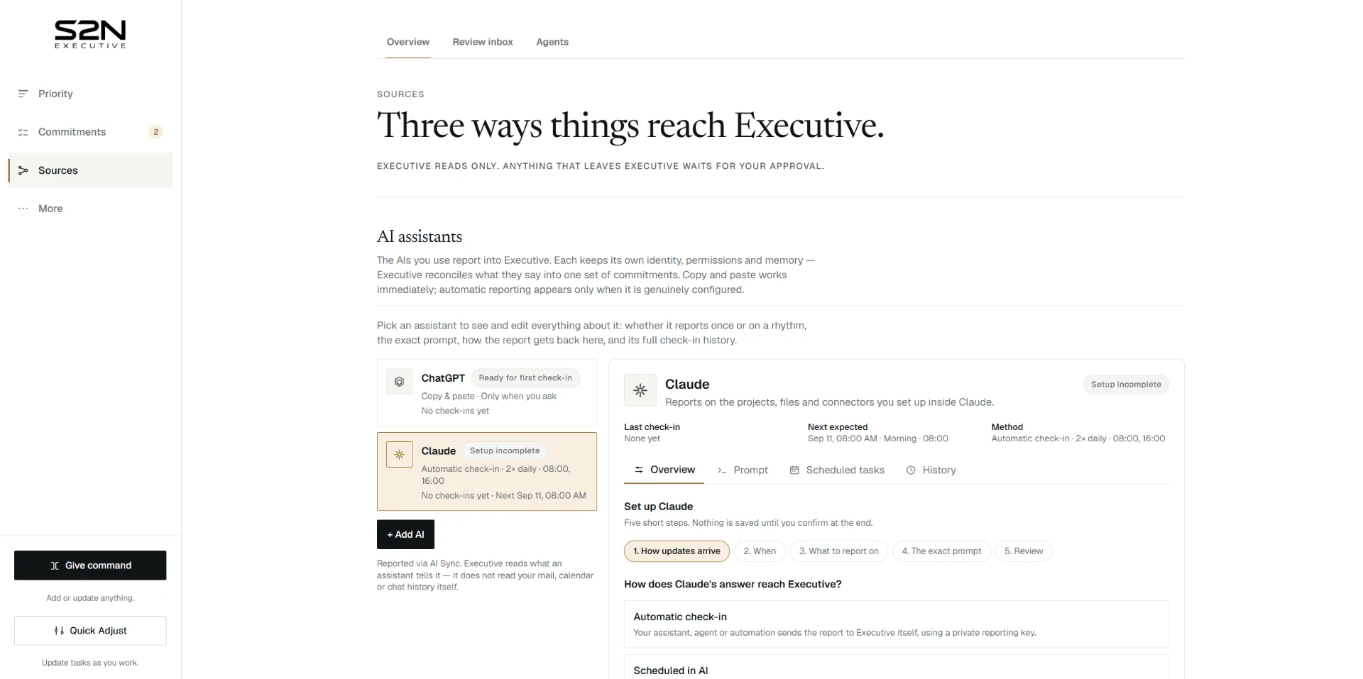 Sources overview showing connected AI assistants with check-in status, method and reporting details