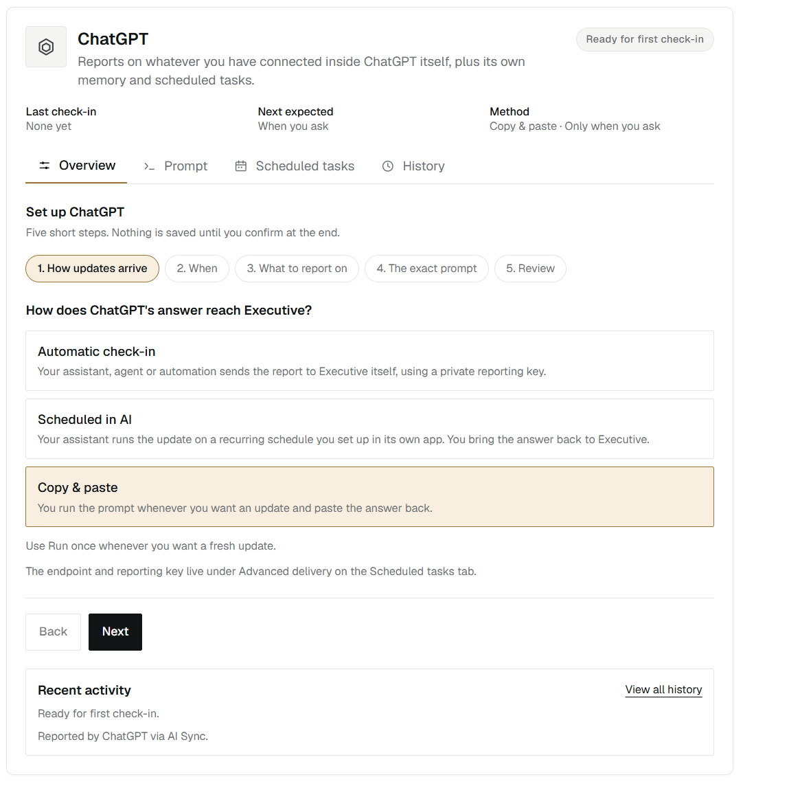 ChatGPT source setup showing the five-step wizard with update method options
