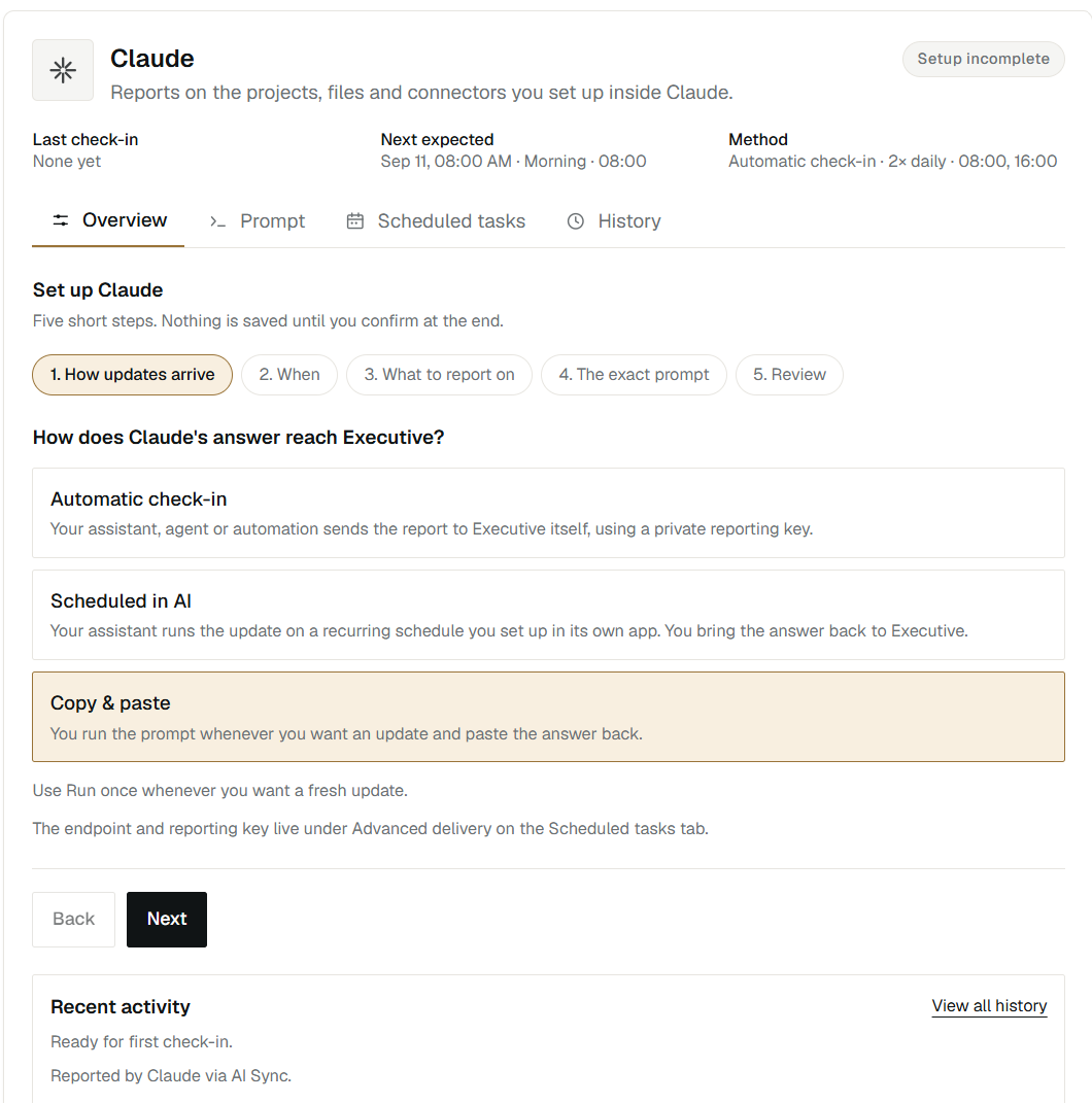 Claude source setup showing scheduled automatic check-ins with next expected time and method